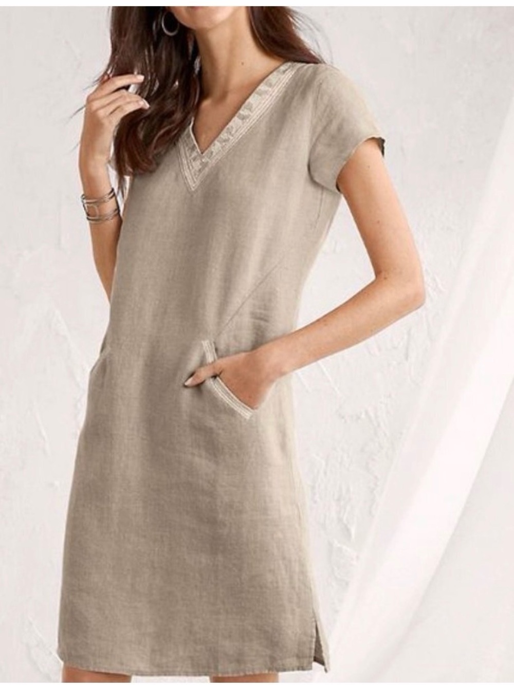 Garnet Hill Shift Dress Size 4 Beige 100% Linen Embroidered V Neck Coastal Boho